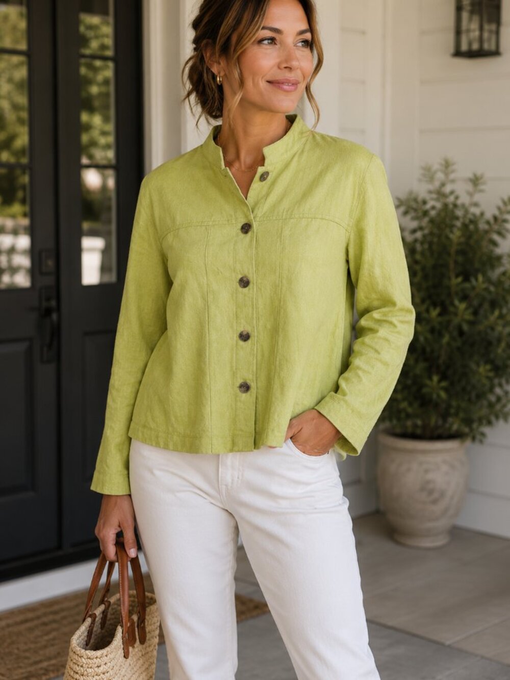 Chicos Additions Womens Lime Green Textured Button Front Blouse Size Large